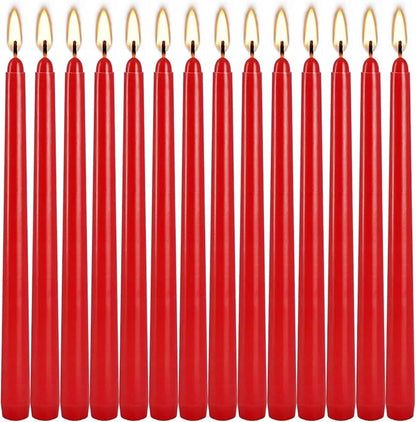 24 Pack Red Taper Candles, 7-8 Hours Burn Time, Unscented, Smokeless and Dripless, 0.75 x 10 Inch Dinner Candle Set for Christmas,Household, Wedding, Party and Home Décor Candlesticks