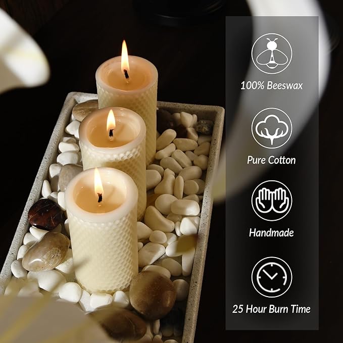Pure Natural Beeswax Pillar Candles Bulk - Pack of 6 - Honeycomb Surface, No Scent- for Emergency/Prayer/Relax (2inch Diameter, 4 inch Tall - Off White)