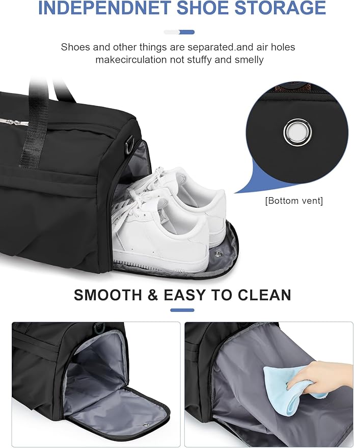 Gym Bag for Women Men with Shoe Compartment, Sport Duffel Bag, Waterproof Travel Weekender Overnight Carry on Bag for Yoga with Trolley Sleeve, Black