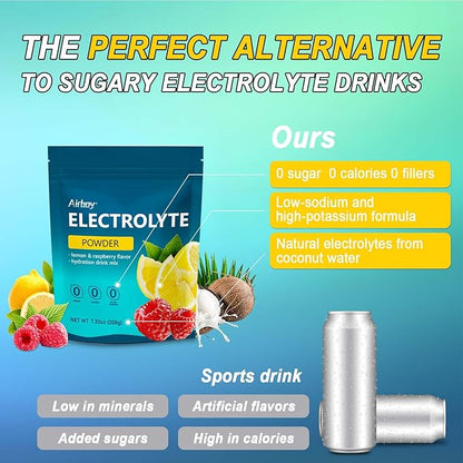 Airboy Electrolytes Powder No Sugar, Keto Electrolyte Mix, 1000 mg of Potassium, Low Sodium, Lemon Raspberry Flavor Hydration Drink Supplement for Dehydration Relief and Rehydration, 32Servings