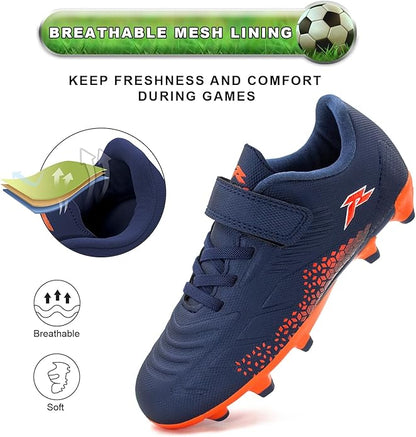 RUNIC Kids Soccer Cleats for Boys and Girls - Small and Big Kid Athletic Outdoor Football Shoes - Firm Ground - Hook and Loop Closure - Black/Gold