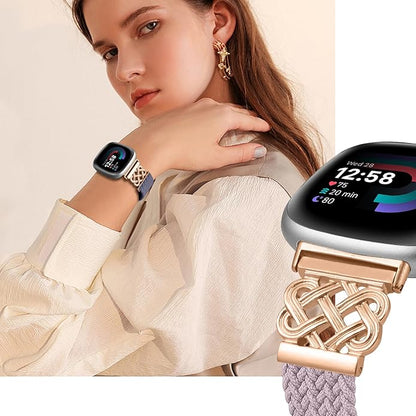 Braided Band Compatible with Fitbit Versa 4 Bands for Woman/Versa 3/Sense 1/Sense 2 Band, Magnetic Clasp Fabric Nylon with Designer Interlock Buckle Straps for Fitbit Versa4/3/Sense1/2