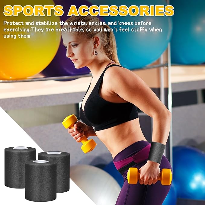 Black Prewrap,Prewrap Athletic Tape,6 Roll Pre wrap Headbands for Hair Soccer,Foam Underwrap Sports Wrap for Ankles Wrists Hands Knees Elbows 2.75 Inches X 12 Yards