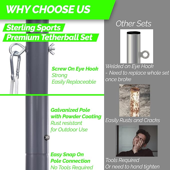 STERLING Sunnywood Sports Heavy Duty Tetherball Set for Outdoor Backyard with Ball, Rope and Pole 10-1/2' Height