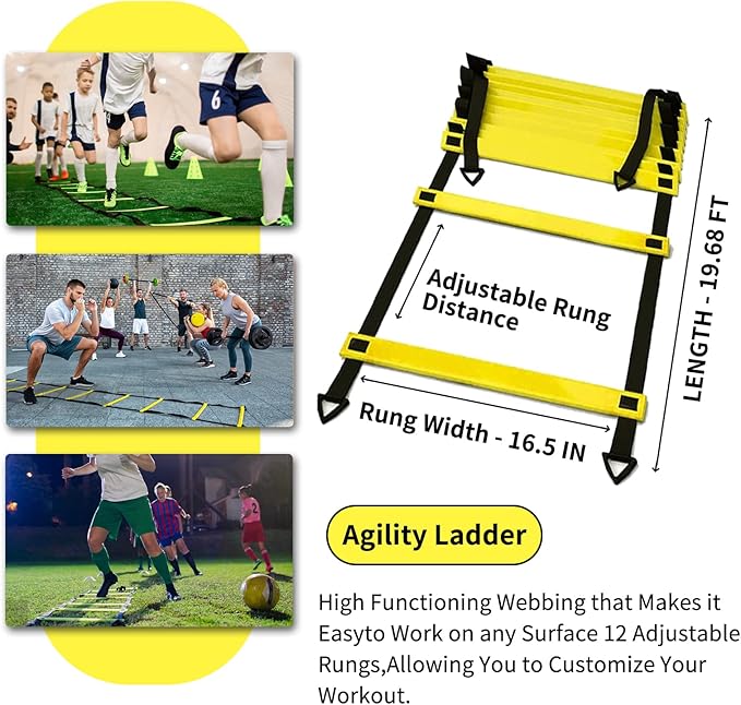 Soccer Agility Training Equipment Set, 12 Rung 20Ft Agility Ladder, 12 Disc Cones, 4 Steel Stakes, Solo Soccer Trainer, Jump Rope - Speed Training Equipment for Soccer Football Basketball