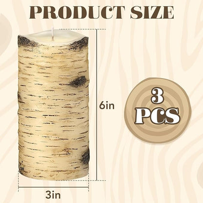 Birch Bark Pillar Candles, Fall Pillar Candles 3x6 Inch Set of 3, Thanksgiving Unscented Long-Lasting Smokeless Candles