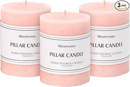 3x4 inch Pink Pillar Candles Set of 3, Unscented Pillar Candle, Dripless and Smokeless Large Candles, Candle for Home Decor, Dinner Table,Weddings, Holidays