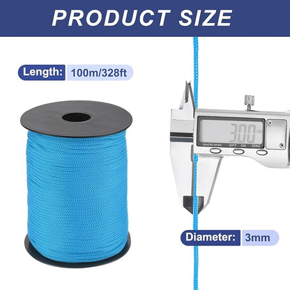 MECCANIXITY 1/8 Inch Polypropylene Rope Braided Ropes, 328ft Nylon Rope Hollow Utility Cord for Clothesline, Camping, Hiking, Outdoor, Lake Blue