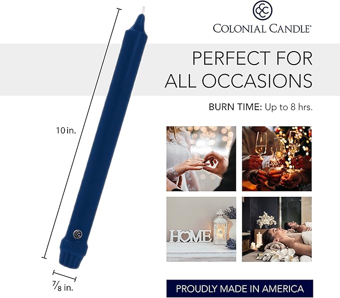 Colonial Candle Unscented Taper Candle, Classic Collection, Indigo, 10 In, Pack of 12 - Up to 8 Hours Burn