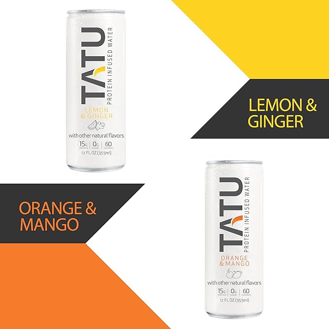 TATU Ready-To-Drink Protein Infused Water Lemon Ginger 4 Pack. 15 grams of whey protein isolate, 0 grams of sugar, only 60 calories. Lemon Ginger and Orange Mango. Gluten Free, lactose free.