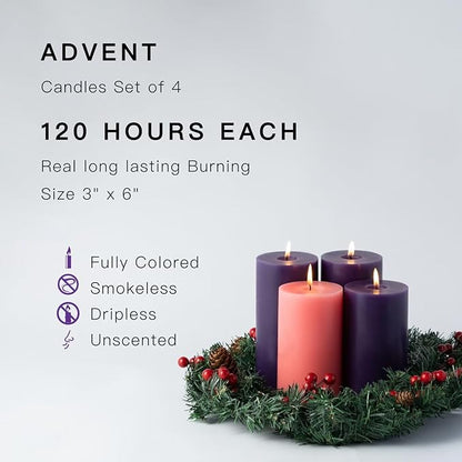 MOZEAL 3" x 6" Hand-Poured, Unscented Pillar Candles. Each Offers Approx 115 Hours of Clean, Long-Lasting Burn Time. Dripless Candles Set of 4, Ideal for Advent Wreath