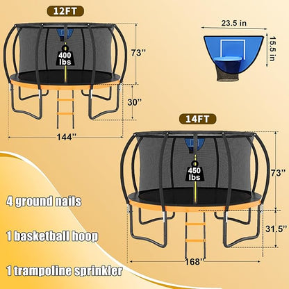 Trampoline 12FT 14FT 15FT 16FT for Kids/Adults - Outdoor Recreational with Enclosure Net Curved Poles and Ladder, Heavy Duty Anti-Rust Coating, ASTM Approval