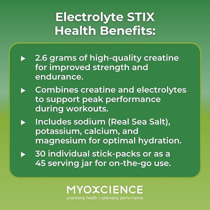 MYOXCIENCE Electrolyte STIX | Creatine Electrolyte Powder | Recovery from Exercise & Muscle Development w/Real Salt (Lemon Lime Flavor) (Jar 45 ct)
