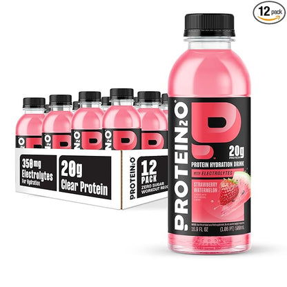 Protein2o Hydration Drink - 2-in-1 Liquid Clear Whey Protein Isolate and Electrolyte Drink - 20g Protein, Vitamins B5, B6 - Post-Workout Recovery - 16.9 Fl Oz - 12 Count Strawberry Watermelon