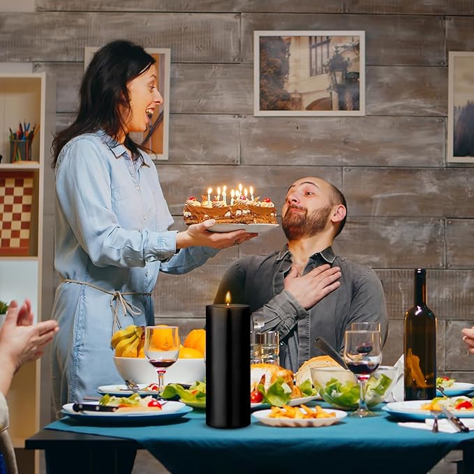 2 Packs 3x8 Inch Black Pillar Candles, Dripless Unscented Cylinder Wax Candles for Wedding, Home Decor, Dinner Table, Party, Power Outage, Emergency - 100 Hours Burn Time