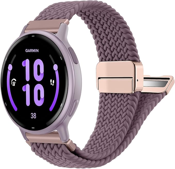 FINTIE Magnetic Braided Band Compatible with Garmin Vivoactive 5/6/Vivoactive 3, Garmin Venu/Venu Sq/Sq 2/Forerunner 55/165/645/245 Music, 20mm Stretchy Nylon Elastic Sport Strap (Smoke Violet)