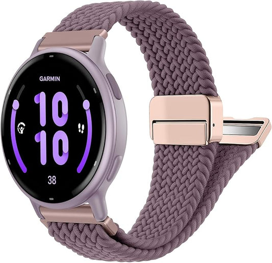FINTIE Magnetic Braided Band Compatible with Garmin Vivoactive 5/6/Vivoactive 3, Garmin Venu/Venu Sq/Sq 2/Forerunner 55/165/645/245 Music, 20mm Stretchy Nylon Elastic Sport Strap (Smoke Violet)