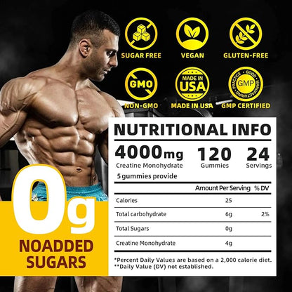 Flavored creatine monohydrate Gummies Sugar Free,Pre Workout Supplements creatine Gummies for Men&Women,Gym Supplements,Supports Muscle Growth,Recovery,Strength,Energy Boost（120 Count）-Mango