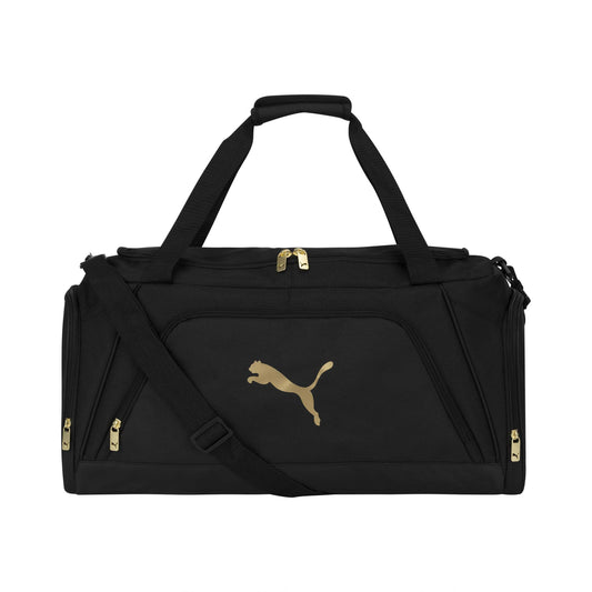 PUMA Accelerator Duffel Bag with Removable Strap & Shoe Pocket, Black/Gold, One Size