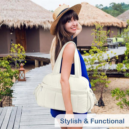 TOPDesign Travel Duffel Bag for Women, Puffer Gym Bag Sports Tote with Wet Pocket, Carry On Weekender with Luggage Sleeve (Ivory White)