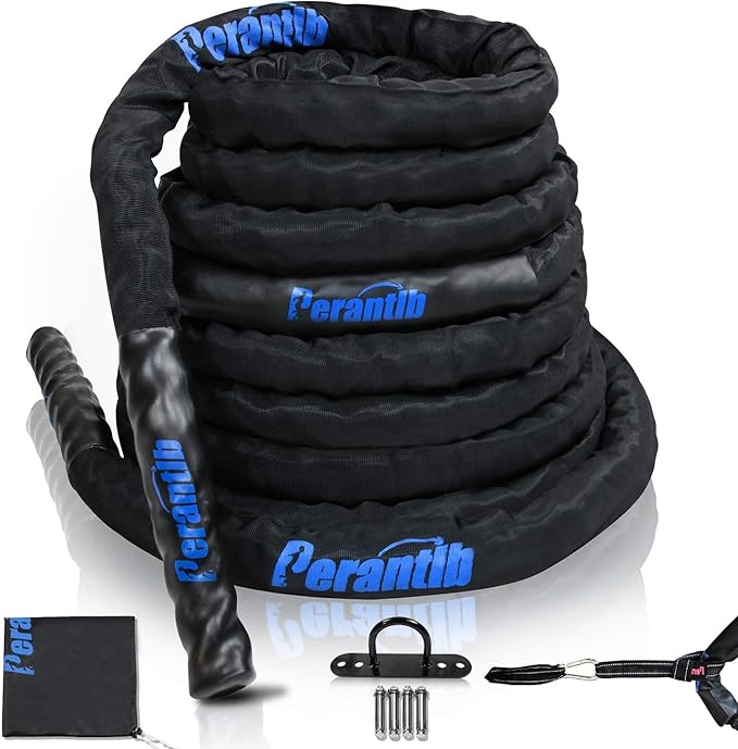 Perantlb Battle Rope With Wear-Resistant Nylon Protective Sleeve - Heavy Battle Rope for Strength Training, Home Fitness Exercise - Anchor Strap Kit Included