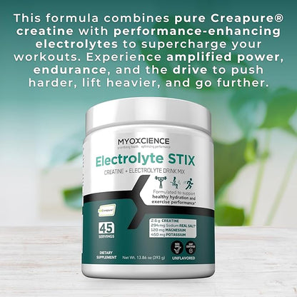 MYOXCIENCE Electrolyte STIX | Creatine Electrolyte Powder | Recovery from Exercise & Muscle Development w/Real Salt (Unflavored) (Jar 45 ct)