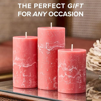 Simply Soson 3x6 inch Pink Rustic Peony and Rose Pillar Scented Candle - 3 Pack - for Home Decor, Aromatherapy, Weddings, Restaurants, Spa, Church