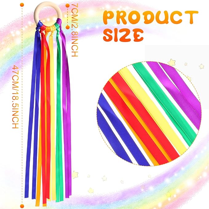 12 Pcs Rainbow Ribbon Wooden Waldorf Toys Creative Waldorf Hand Kite Set Streamers with Wood Ring Sensory Learning Educational Toy for Playroom Dancing Birthday (Vibrant Color)
