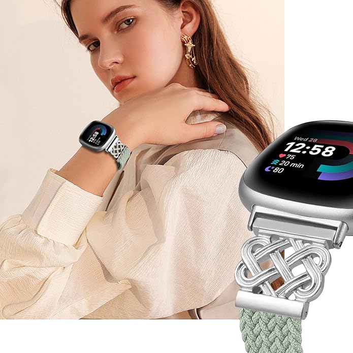 Braided Band Compatible with Fitbit Versa 4 Bands for Woman/Versa 3/Sense 1/Sense 2 Band, Magnetic Clasp Fabric Nylon with Designer Interlock Buckle Straps for Fitbit Versa4/3/Sense1/2