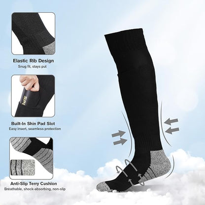 Youth Soccer Shin Guard Socks, Built-in Protective Pads, Kids Knee High Football Athletic Team Socks for Boys Girls