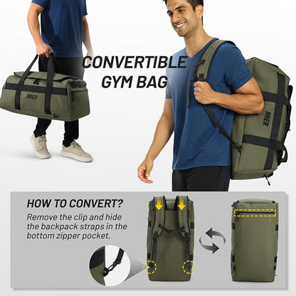 MIER Gym Bag for Men Large Duffel Backpack with Shoe Compartment, 60L Convertible Duffle Bags Weekender Overnight Bag for Gym Sports Travel, Green