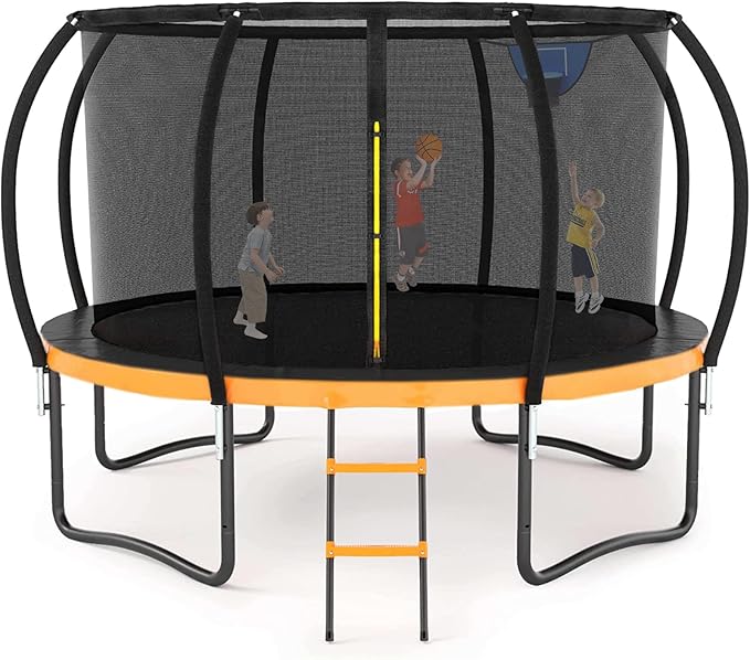 Trampoline 12FT 14FT 15FT 16FT for Kids/Adults - Outdoor Recreational with Enclosure Net Curved Poles and Ladder, Heavy Duty Anti-Rust Coating, ASTM Approval