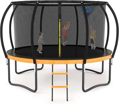 Trampoline 12FT 14FT 15FT 16FT for Kids/Adults - Outdoor Recreational with Enclosure Net Curved Poles and Ladder, Heavy Duty Anti-Rust Coating, ASTM Approval