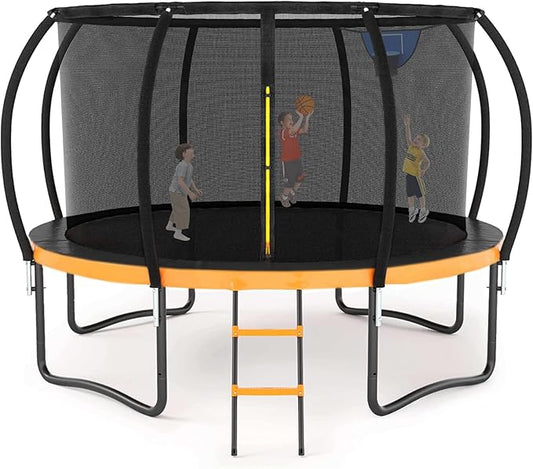 Trampoline 12FT 14FT 15FT 16FT for Kids/Adults - Outdoor Recreational with Enclosure Net Curved Poles and Ladder, Heavy Duty Anti-Rust Coating, ASTM Approval