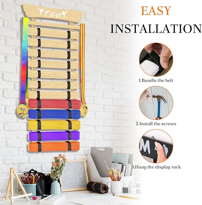 12 Belts Karate Belt Display Rack with Stickers, Martial Arts Belt Display Holder, Taekwondo Belt Display, Jiu Jitsu BJJ Belt Display Hanging Holder for Kids and Adults Gifts