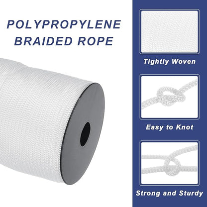 MECCANIXITY 5/32 Inch Polypropylene Rope Braided Ropes, 328ft Camping Rope Hollow Utility Cord for Clothesline, Hiking, Outdoor, White