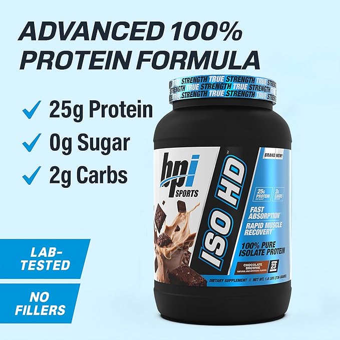 BPI Sports ISO HD Isolate Protein Powder ??100% Whey Isolate, Protein Powder for Muscle Gain - Chocolate Brownie - 1.6 Lb - 23 Servings
