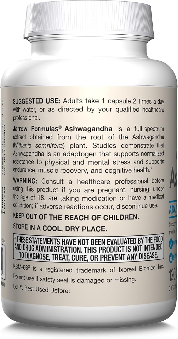 Jarrow Formulas Ashwagandha 300 mg - 120 Veggie Capsules - Overall Health & Resistance to Fatigue - Supplement Supports Endurance, Muscle Recovery & Cognitive Health - 60 Servings (Pack of 12)