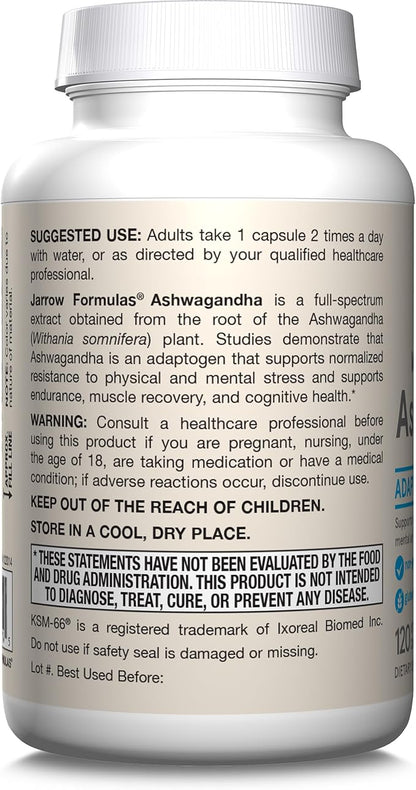 Jarrow Formulas Ashwagandha 300 mg - 120 Veggie Capsules - Overall Health & Resistance to Fatigue - Supplement Supports Endurance, Muscle Recovery & Cognitive Health - 60 Servings (Pack of 12)
