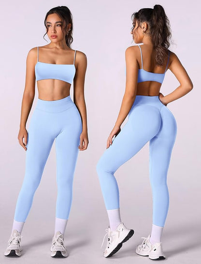 Workout sets for women 2 piece:Spaghetti Straps BacklessTop Bra and High Rise leggings for yoga