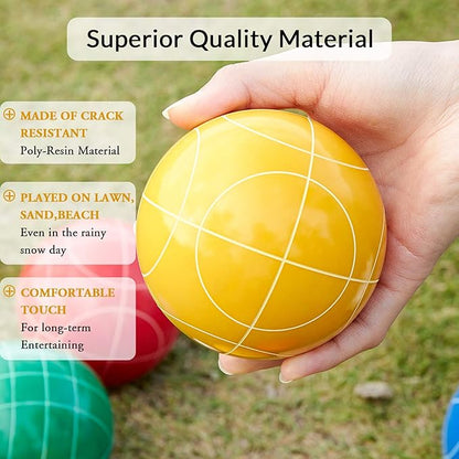 ApudArmis Bocce Balls Set, Outdoor Family Bocce Game for Backyard/Lawn/Beach - Set of 8 Poly-Resin Balls & 1 Pallino & Nylon Carrying Case & Measuring Rope (90mm)