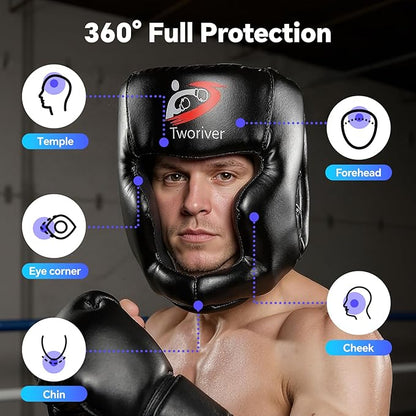 Boxing Headgear 1 or 2 Pack, One Size Fits All Ages MMA Headgear, Closed Type Boxing Helmet, Sparring MMA Muay Thai Kick Brace (Black-Black)