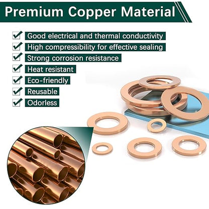 350 PCS, Premium Copper Metric Sealing Crush Washers Assortment Kit, Enhanced Flat Ring Oil Drain Plug Crush Washer Gasket Seal Set, Banjo Bolt Washers for Automotive, Motorcycles （10 Size）