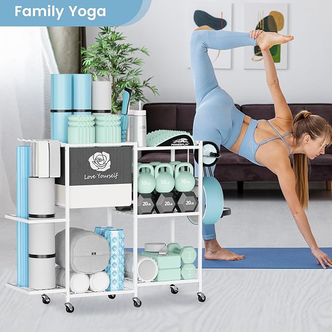 Yoga Mat Storage Rack，Home Gym Storage Rack Gym Workout Equipment Storage Organizer Fitness Weight Rack on Wheels for Yoga Mat,Yoga Block,Foam Roller,Resistance Band,Dumbbell,Kettlebell and Other Workout Accessories