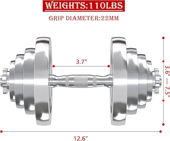 VIVITORY Fitness Dumbbells Set, Adjustable Weight Sets up to 11/22/44/66/110 lbs, with Metal Connecting Rod Used As Barbell, Chromed Weights, Hardcover Gift Box, Home Gym Work Out Training Equipment
