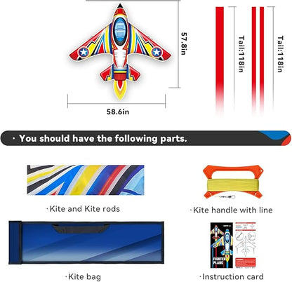Kite Airplane Kite for Boys and Girls, Easy to Fly with Kites for Kids Ages 4-8, Beach Flying Kites for Outdoor Trip Park Family Game (Fighter Plane-Red)