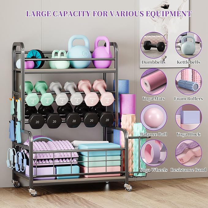 Homeiju 450LBS Dumbbell Rack,Weight Rack for Dumbbells,Weight Rack for Home Gym,Home Gym Storage for Strength Training Dumbbell Racks Stand with Wheels&Hooks