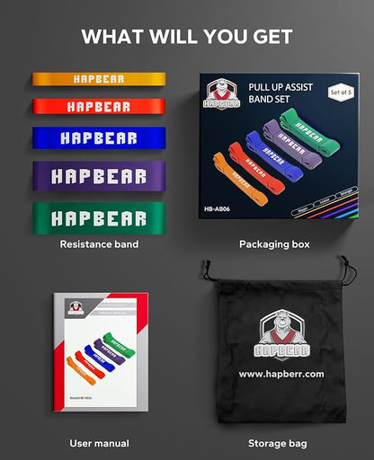 HAPBEAR Pull Up Assistance Bands Set of 5 - Resistance Bands for Working Out, Stretching, Physical Therapy, Muscle Training