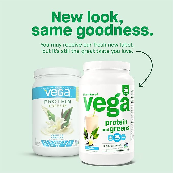 Vega Protein and Greens Protein Powder, Vanilla - 20g Plant Based Protein Plus Veggies, Vegan, Non GMO, Pea Protein for Women and Men, 1.2 lbs (Packaging May Vary)