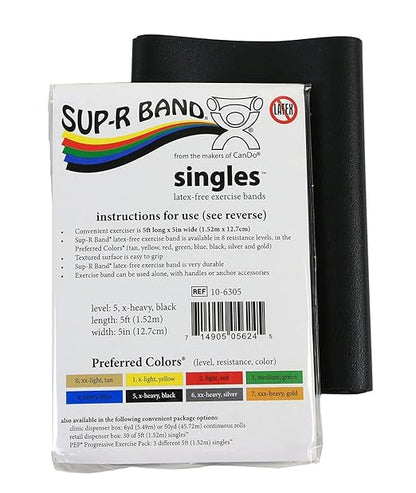 CanDo 10-6305 Sup-R Latex Free Exercise Band, 5' Singles, X-Heavy, Black